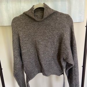 Aritzia Wool Blend Lorin Tie Front Mock Neck Sweater in Dark Brown, Medium